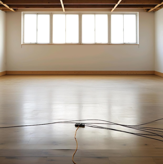 Zdjęcie wielki pusty pokój z oknem i drutem na podłodze