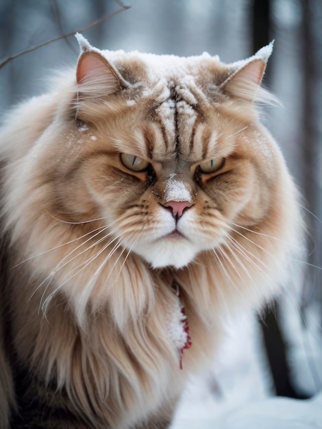 Zdjęcie wielki, wściekły, puszysty kot w zimowym lesie.