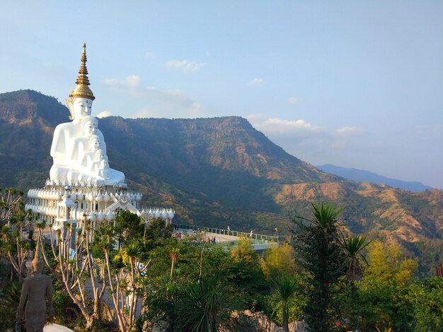 Zdjęcie wielkie białe posągi buddy na tle gór