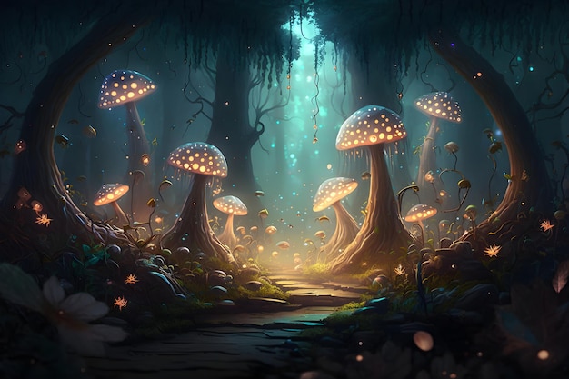 Wielkie dziwne świecące grzyby w magicznym lesie Bajkowe tło Wygenerowana sztuczna inteligencja