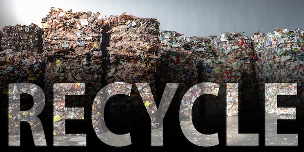 Wielkie litery recykling na plastikowych belach śmieci w zakładzie przetwarzania odpadów Oddzielny recykling i składowanie śmieci do dalszej utylizacji Działalność związana z sortowaniem i przetwarzaniem odpadów