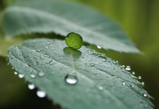 Wielkie piękne krople przezroczystej wody deszczowej na zielonym liście makro krople rosy rano świecą na słońcu Piękna tekstura liści w naturze Naturalne tło