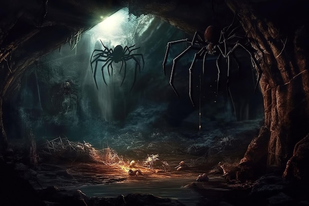 Wielkie przerażające pająki potworów w pajęczej sieci w jaskini w nocy Arachnofobia i koszmary