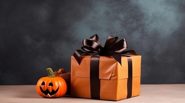 Zdjęcie wielkie pudełko z prezentami na halloween dla imprezy na halloween w pobliżu dyni na tle