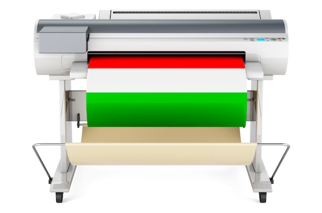 Wielkoformatowy plotter drukarki z 3D-renderingiem węgierskiej flagi izolowanym na białym tle