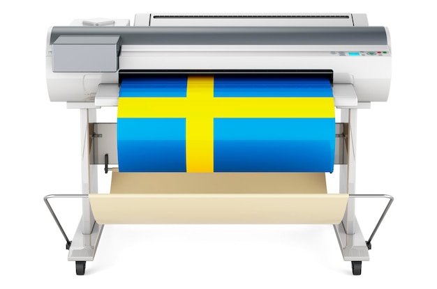 Zdjęcie wielkoformatowy plotter drukarki z 3d renderowaniem szwedzkiej flagi