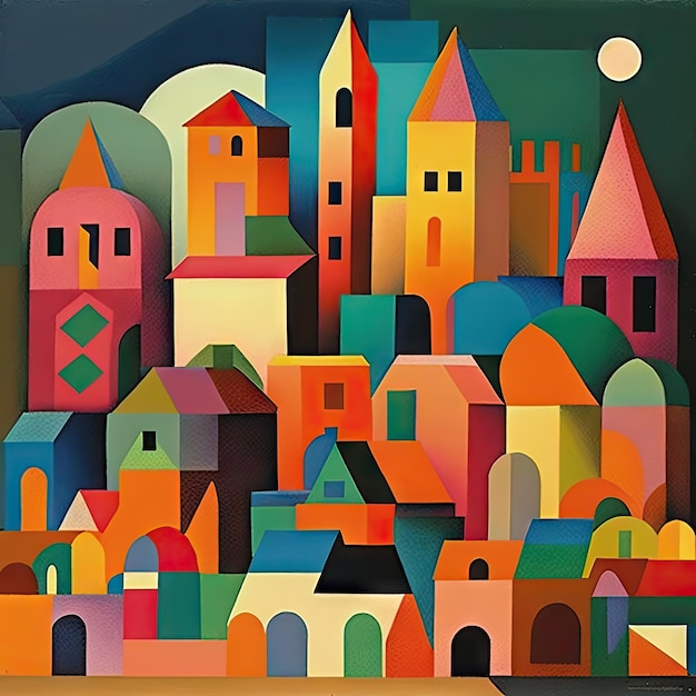 Wielobarwna europejska wioska stare kolorowe miasto rysunek odręczny imitacja abstrakcyjna generatywna ilustracja AI