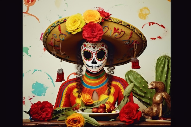 Wielobarwna farba do twarzy świętuje Dzień Zmarłych w Viva Mexico A Cultural 1