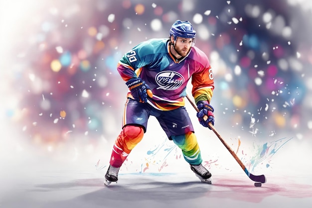 Wielobarwna ilustracja energicznego gracza grającego w hokeja na lodzie