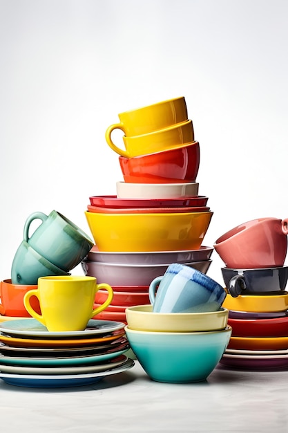 Zdjęcie wielobarwne artykuły ceramiczne do użytku domowego kolorowe stosy naczyń z misek i kubków wygenerowane przez ai