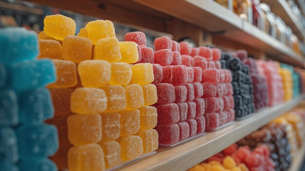 wielobarwne słodycze na ladzie sklepu Generacyjna AI