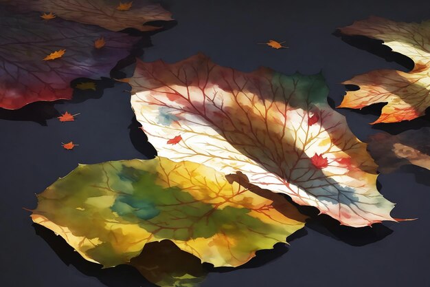 wielobarwny, abstrakcyjny, tajemniczy, suche liście na stawie, kolorowy obraz na papierze, akwarela HD