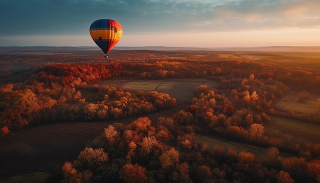 Wielobarwny balon unosi się wysoko nad jesiennym krajobrazem wygenerowanym przez sztuczną inteligencję