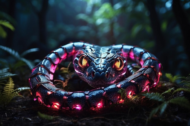 Wielobarwny mechaniczny wąż wychylający głowę w obcym lesie nocą