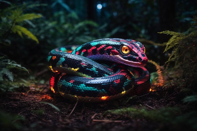 Wielobarwny mechaniczny wąż wychylający głowę w obcym lesie nocą