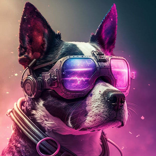 Wielobarwny neonowy futurystyczny portret psa w okularach VR Grafika na okładki plakatów z koszulkami