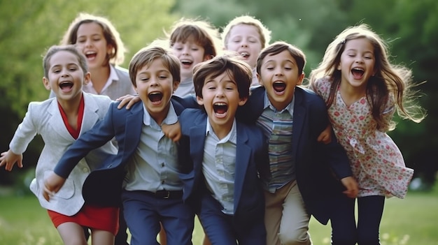 Wieloetniczna grupa dzieci w wieku szkolnym śmiejących się i bawiących w tle parku na dzień dziecka Generative ai
