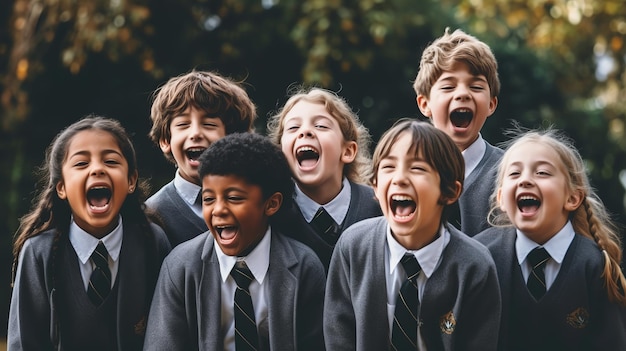 Wieloetniczna grupa dzieci w wieku szkolnym śmiejących się i bawiących w tle parku na dzień dziecka Generative ai