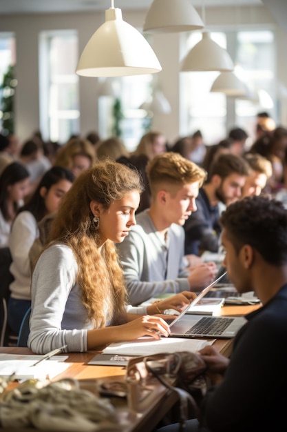 Wieloetniczna grupa studentów studiujących razem w bibliotece uniwersyteckiej