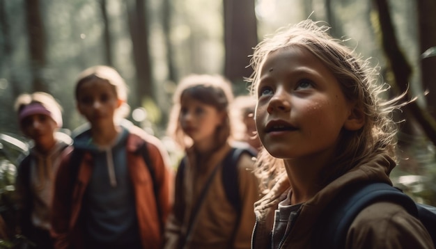 Zdjęcie wieloetniczna grupa uśmiechniętych dzieci wędrujących w naturze wygenerowana przez sztuczną inteligencję