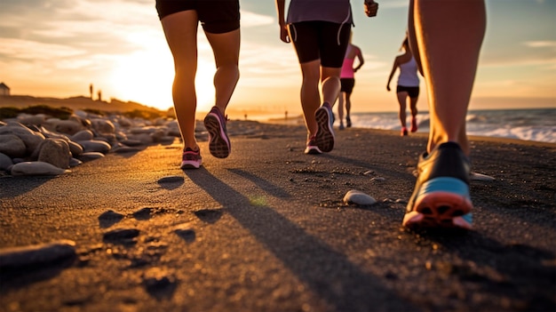 Wieloetniczni biegacze ścigający się na plaży Wieloetniczni biegacze ścigający się na plaży Złota godzina Ultrarealista