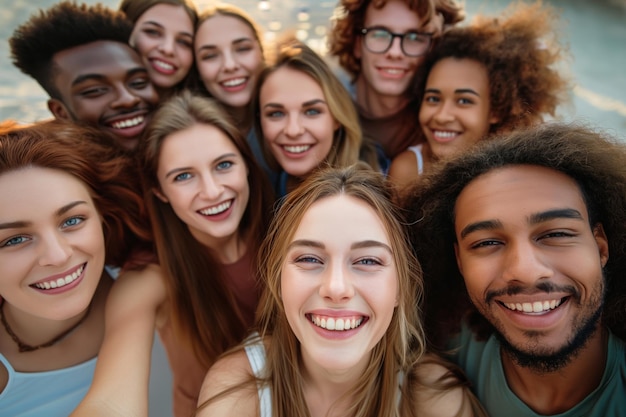 Wieloetniczni studenci i studentki bawiący się razem robią selfie na świeżym powietrzu