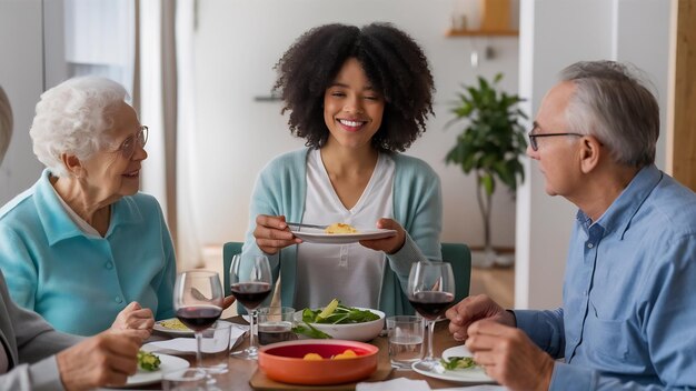 Wielogeneracyjna rodzina jedząca razem obiad w domu skupia się na uśmiechniętej kobiecie przynoszącej jedzenie i w