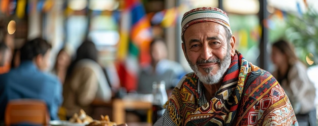 Zdjęcie wielojęzyczny przedsiębiorca w wieku ponad sześćdziesięciu lat noszący tradycyjny strój ze swojego kraju pochodzenia
