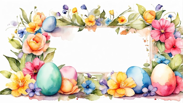 Zdjęcie wielokolorowa akwarela ramka jajek wielkanocnych z wiosennymi kwiatami karta wielkanocna z przestrzenią dla tekstu wiejskie tło wielkanocne generowane przez ai