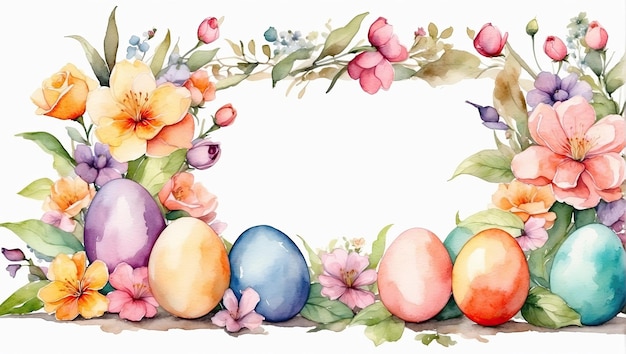 Wielokolorowa akwarela ramka jajek wielkanocnych z wiosennymi kwiatami Karta wielkanocna z przestrzenią dla tekstu wiejskie tło wielkanocne generowane przez AI