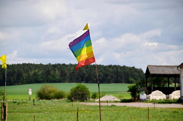 Zdjęcie wielokolorowa flaga na boisku na tle nieba