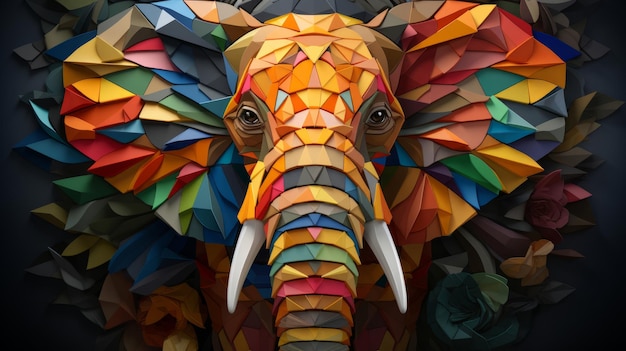 Wielokolorowa ilustracja geometryczna słonia kolorowego poli graficznego na czarnym tle