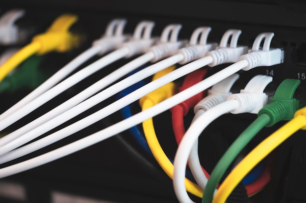 Wielokolorowe kable sieciowe podłączone do przełącznika koncepcja technologii sieciowej