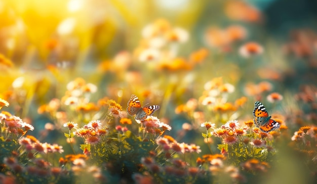Wielokolorowe kwiaty kosmosu na łące wiosną latem natura selektywna nieostrość latająca pszczoła