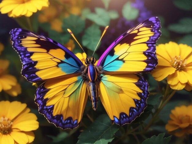 Wielokolorowy motyl na żółtym kwiecie blisko piękno generatywne ai