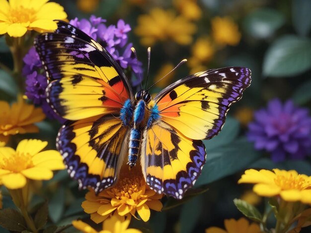 Wielokolorowy motyl na żółtym kwiecie zbliżenie piękno generatywne ai