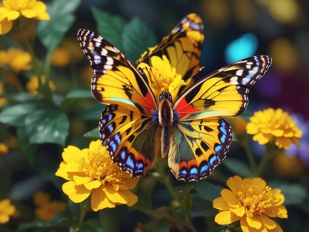 Wielokolorowy motyl na żółtym kwiecie zbliżenie piękno generatywne ai