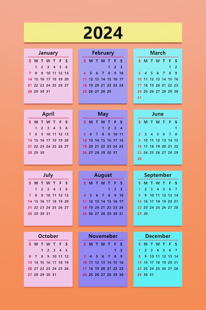 Zdjęcie wielokolorowy szablon kalendarza miesięcznego w minimalistycznym stylu na rok 2024 pionowy kalendarz do druku zestaw na 12 miesięcy strona z poprzednim bieżącym i przyszłym miesiącem