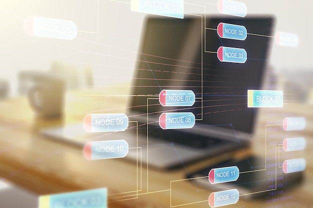Wielokrotna ekspozycja abstrakcyjnego kreatywnego szkicu kodowania i nowoczesnego pulpitu z komputerem na tle koncepcji sztucznej inteligencji i sieci neuronowych