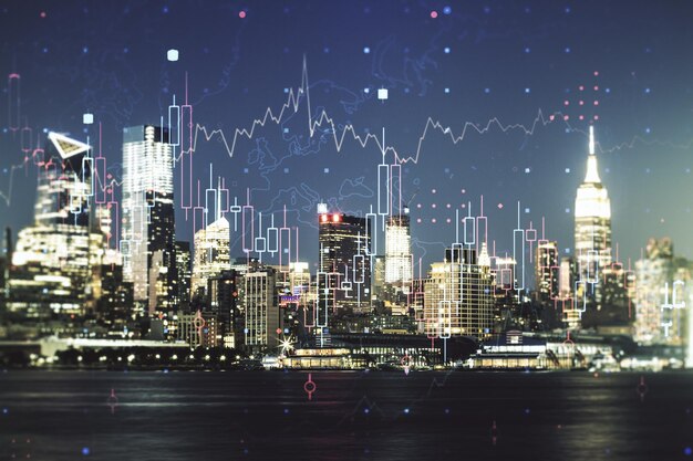 Wielokrotna ekspozycja hologramu abstrakcyjnego wirtualnego wykresu finansowego na tle panoramy Nowego Jorku i koncepcji inwestycyjnej