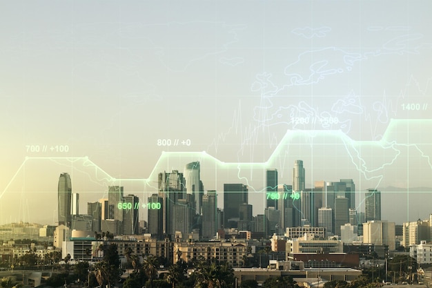 Wielokrotna ekspozycja ilustracji danych statystycznych na tle panoramy miasta Los Angeles w zakresie obliczeń i analizy koncepcji