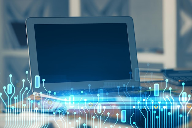 Wielokrotna ekspozycja komputera na tle i rysunek tematyczny technologii Koncepcja innowacji