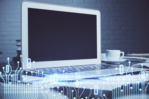 Wielokrotna ekspozycja komputera na tle i rysunek tematyczny technologii Koncepcja innowacji