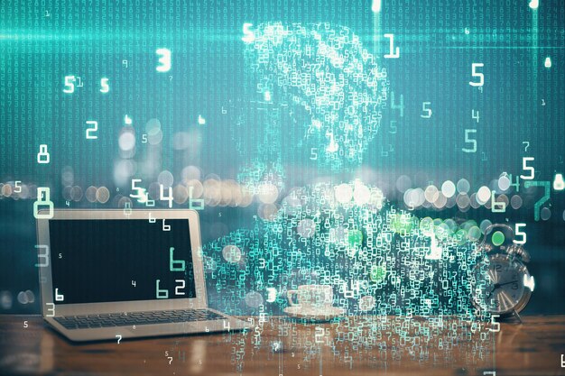 Wielokrotna ekspozycja komputera na tle i rysunek tematyczny technologii Koncepcja innowacji