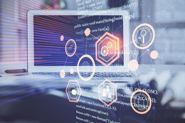 Wielokrotna ekspozycja komputera stacjonarnego i hologramu tematycznego technologii Koncepcja rozwoju oprogramowania