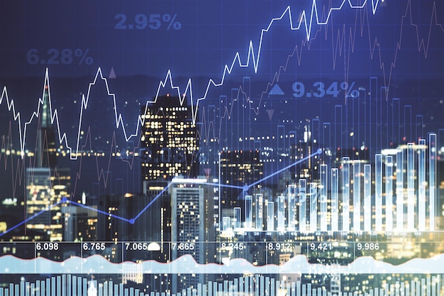 Wielokrotna ekspozycja wirtualnego abstrakcyjnego diagramu finansowego na budynkach biurowych w San Francisco w tle koncepcji bankowości i rachunkowości