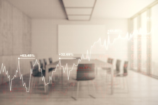 Wielokrotna ekspozycja wirtualnego abstrakcyjnego diagramu finansowego na nowocześnie urządzonym wnętrzu biurowym w koncepcji bankowości i rachunkowości