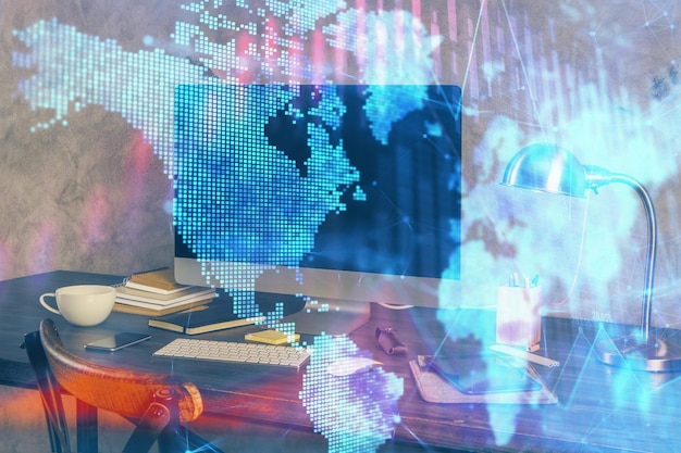 Wielokrotna ekspozycja wykresu forex i przestrzeni roboczej z komputerem Koncepcja międzynarodowego handlu online