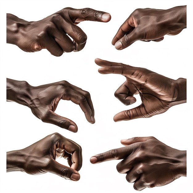 Wielokrotne gesty rąk mężczyzny z Afryki wyizolowane na białym tle zestaw wielu obrazów