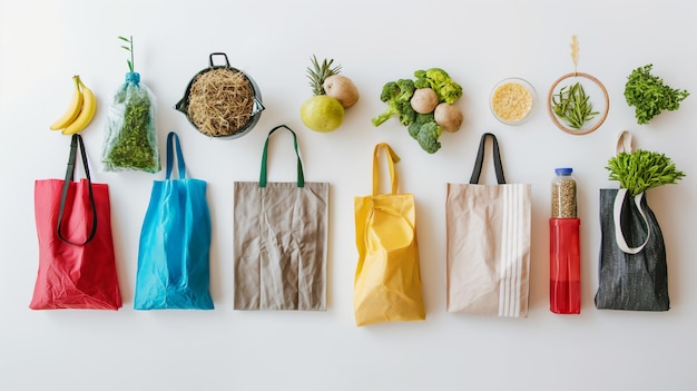 Wielokrotne torby na zakupy z różnymi artykułami spożywczymi na białym tle